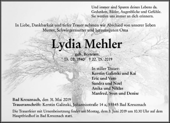 Traueranzeige von Lydia Mehler von vrm-trauer