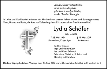 Traueranzeige von Lydia Schäfer von vrm-trauer