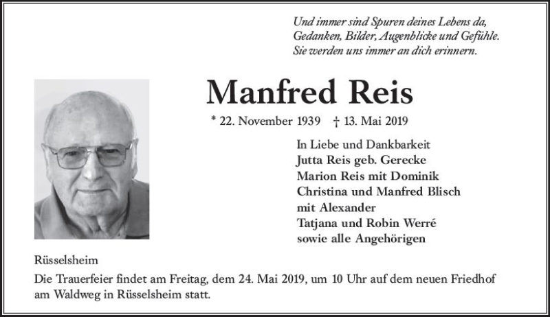  Traueranzeige für Manfred Reis vom 18.05.2019 aus vrm-trauer