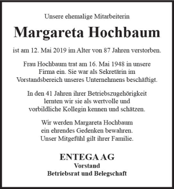 Traueranzeige von Margareta Hochbaum von vrm-trauer