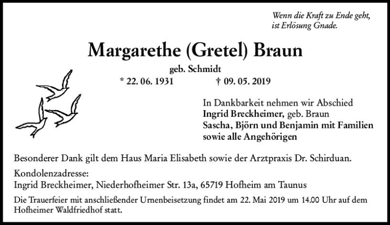  Traueranzeige für Margarethe Braun vom 17.05.2019 aus vrm-trauer