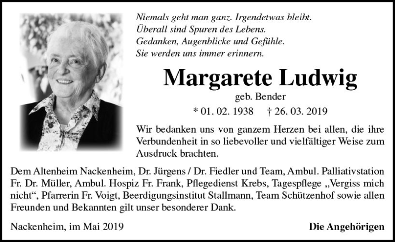  Traueranzeige für Margartete Ludwig vom 25.05.2019 aus vrm-trauer