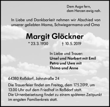 Traueranzeige von Margit Glöckner von vrm-trauer