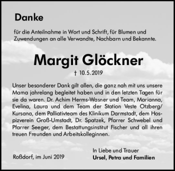 Traueranzeige von Margit Glöckner von vrm-trauer