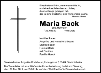 Traueranzeige von Maria Back von vrm-trauer