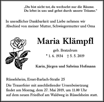 Traueranzeige von Maria Klämpfl von vrm-trauer