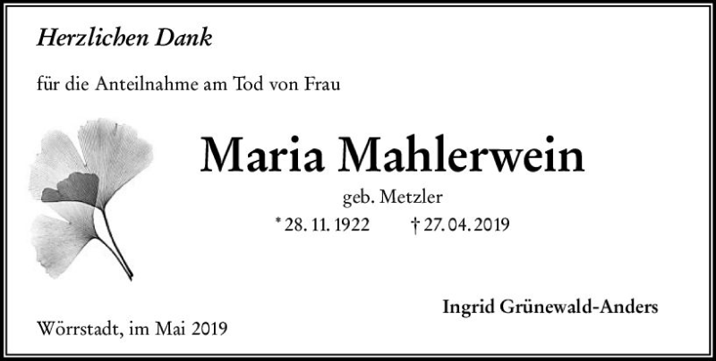  Traueranzeige für Maria Mahlerwein vom 25.05.2019 aus vrm-trauer