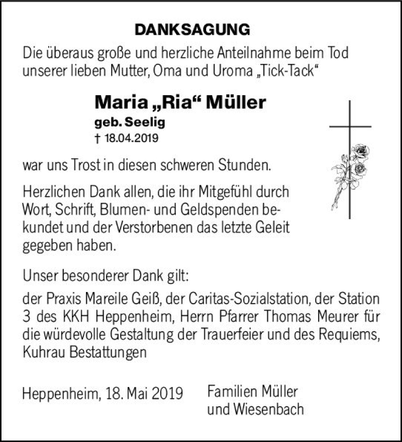  Traueranzeige für Maria Müller vom 18.05.2019 aus vrm-trauer