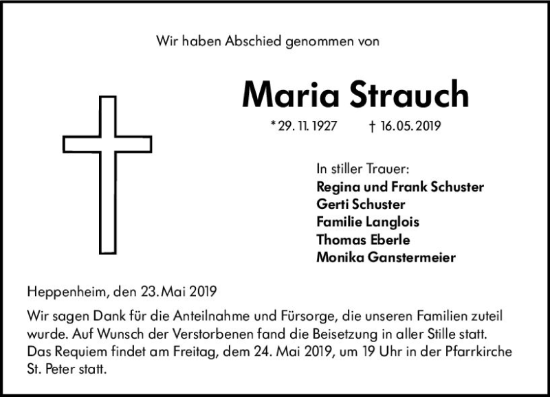  Traueranzeige für Maria Strauch vom 23.05.2019 aus vrm-trauer