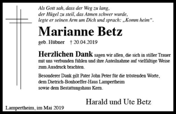 Traueranzeige von Marianne Betz von vrm-trauer