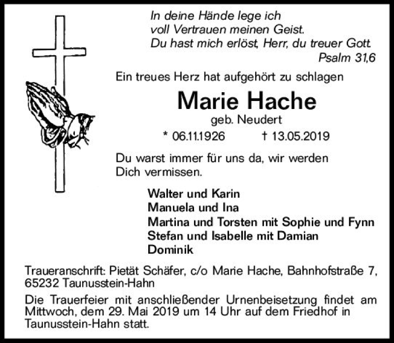  Traueranzeige für Marie Hache vom 25.05.2019 aus vrm-trauer