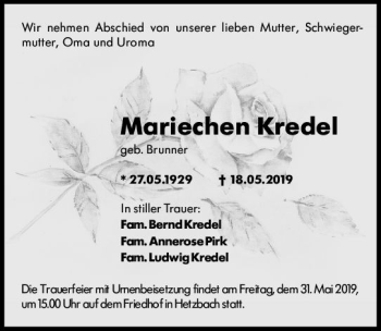 Traueranzeige von Mariechen Kredel von vrm-trauer