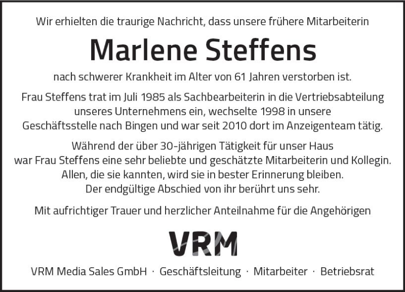  Traueranzeige für Marlene Steffens vom 01.06.2019 aus vrm-trauer