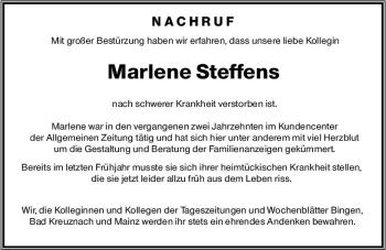 Traueranzeige von Marlene Steffens von vrm-trauer