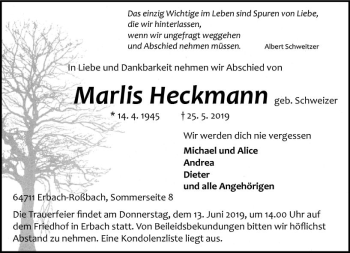 Traueranzeige von Marlis Heckmann von vrm-trauer