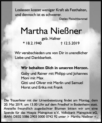 Traueranzeige von Martha Nießner von vrm-trauer