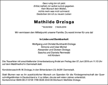 Traueranzeige von Mathilde Drzisga von vrm-trauer