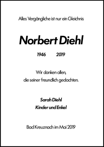 Traueranzeige von Norbert Diehl von vrm-trauer
