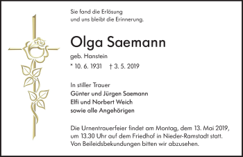 Traueranzeige von Olga Saemann von vrm-trauer