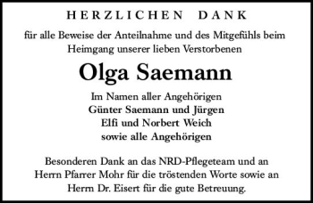 Traueranzeige von Olga Saemann von vrm-trauer