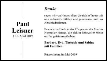 Traueranzeige von Paul Leisner von vrm-trauer