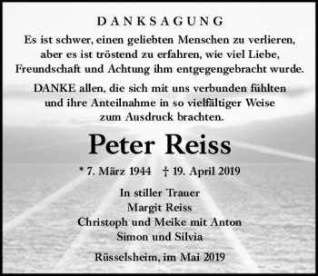 Traueranzeige von Peter Reiss von vrm-trauer
