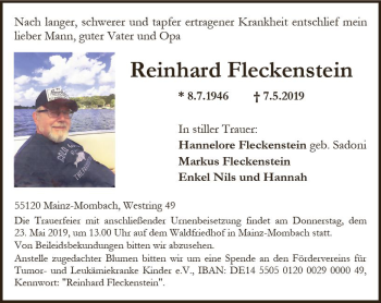 Traueranzeige von Reinhard Fleckenstein von vrm-trauer