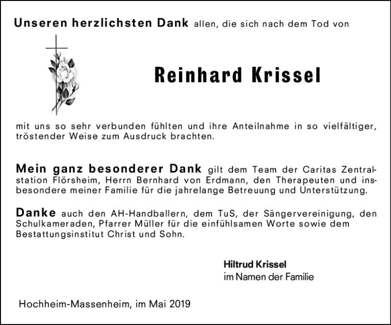  Traueranzeige für Reinhard Krissel vom 18.05.2019 aus vrm-trauer