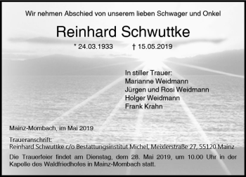 Traueranzeige von Reinhard Schwuttke von vrm-trauer