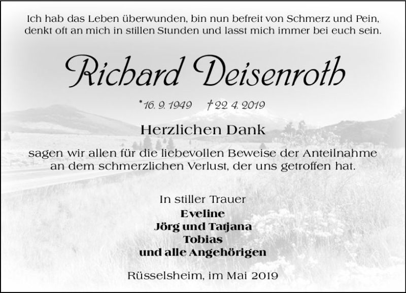  Traueranzeige für Richard Deisenroth vom 18.05.2019 aus vrm-trauer