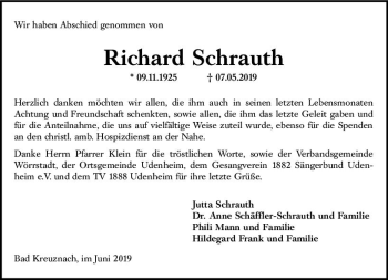 Traueranzeige von Richard Schrauth von vrm-trauer