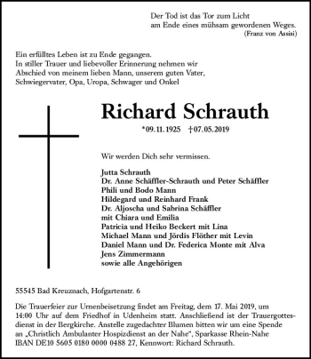 Traueranzeige von Richard Schrauth von vrm-trauer