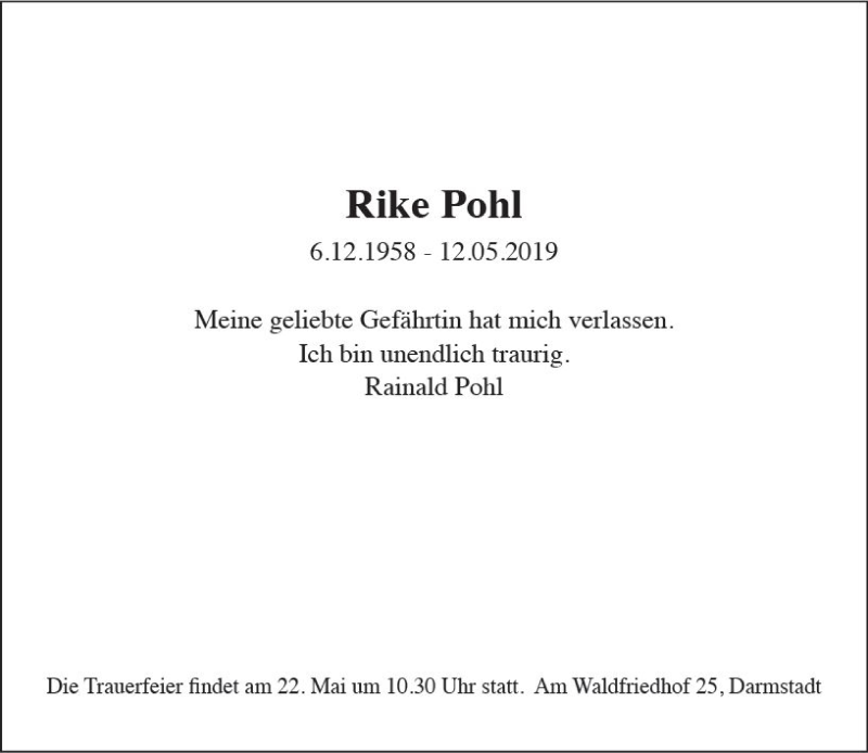  Traueranzeige für Rike Pohl vom 18.05.2019 aus vrm-trauer
