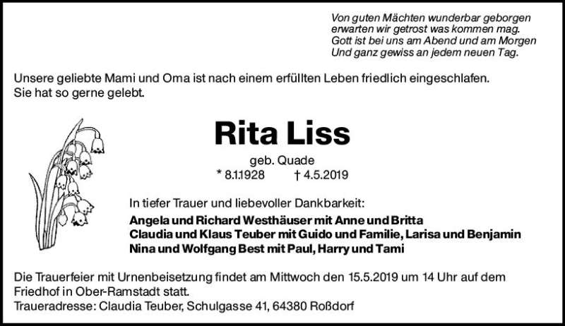  Traueranzeige für Rita Liss vom 11.05.2019 aus vrm-trauer