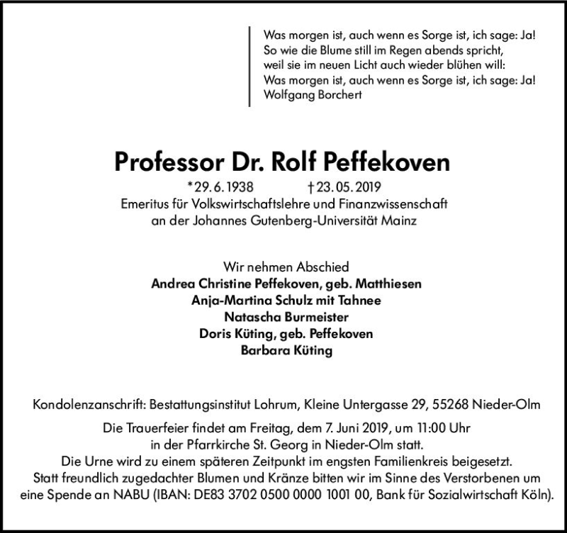  Traueranzeige für Rolf Peffekoven vom 01.06.2019 aus vrm-trauer