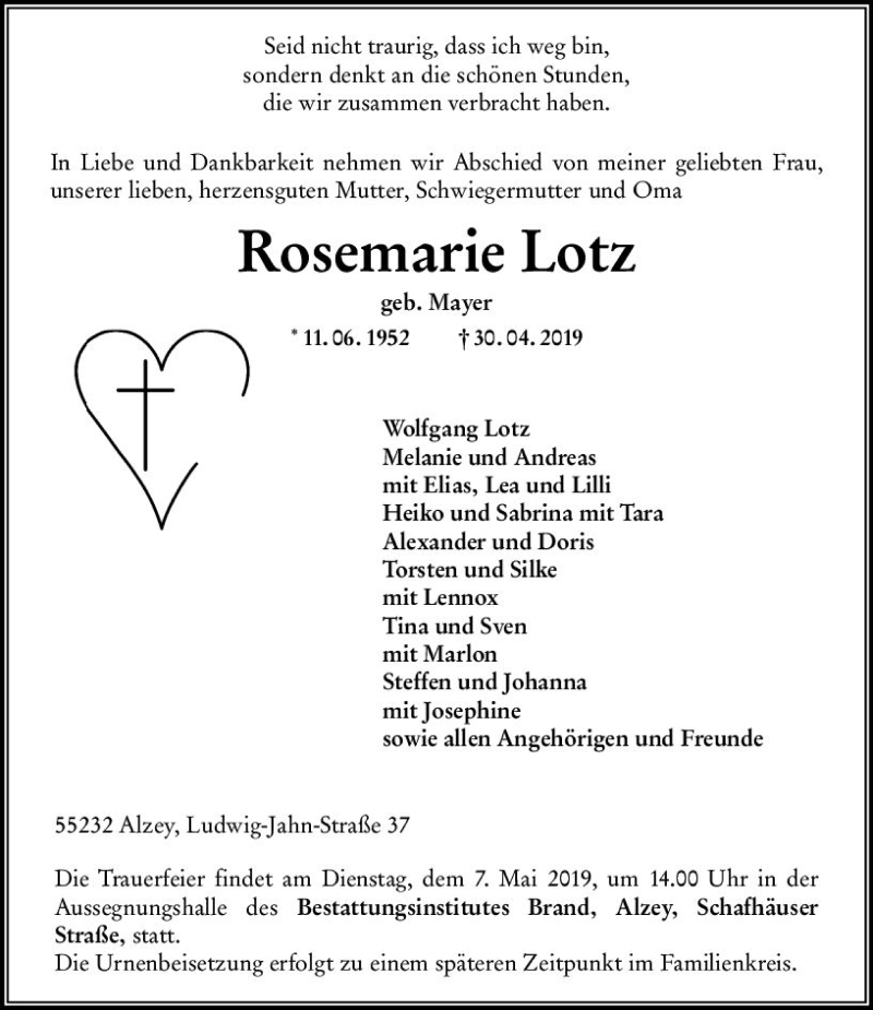  Traueranzeige für Rosemarie Lotz vom 03.05.2019 aus vrm-trauer