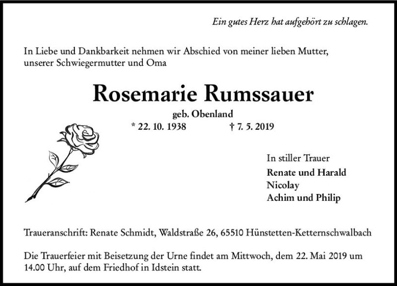  Traueranzeige für Rosemarie Rumssauer vom 18.05.2019 aus vrm-trauer