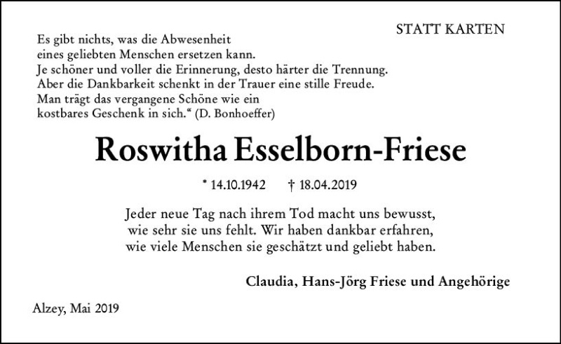  Traueranzeige für Roswitha Esselborn-Friese vom 25.05.2019 aus vrm-trauer