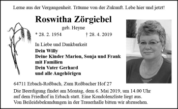 Traueranzeige von Roswitha Zörgiebel von vrm-trauer