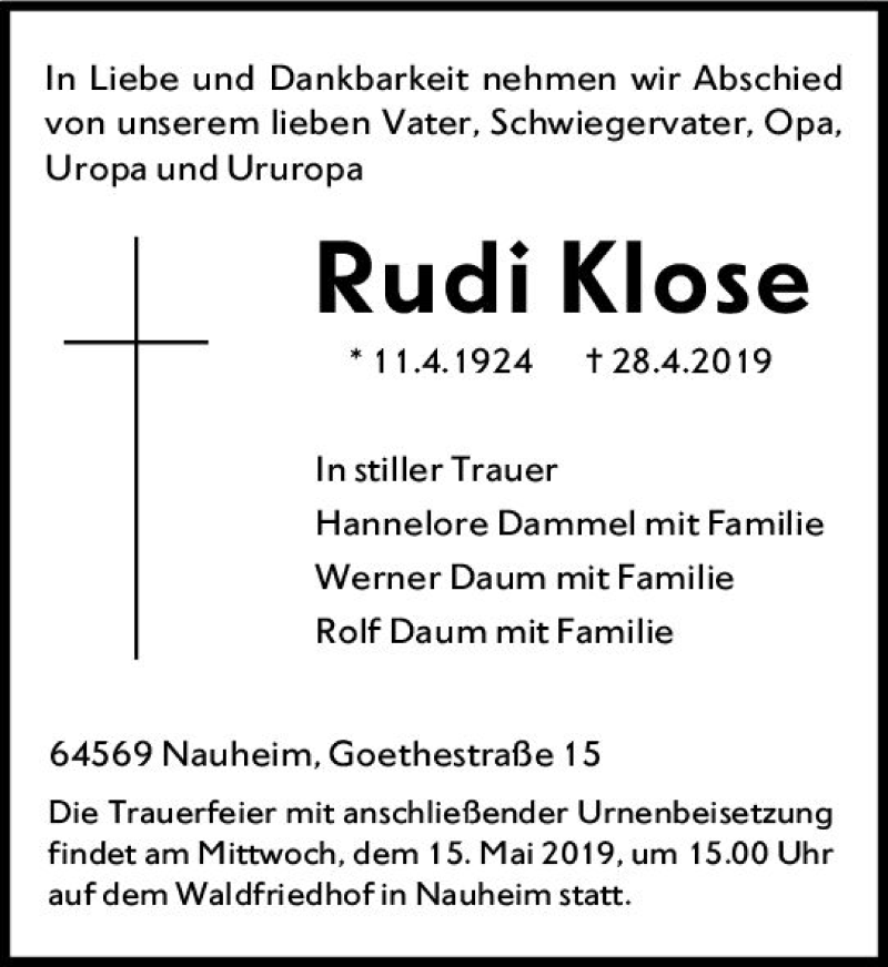  Traueranzeige für Rudi Klose vom 04.05.2019 aus vrm-trauer