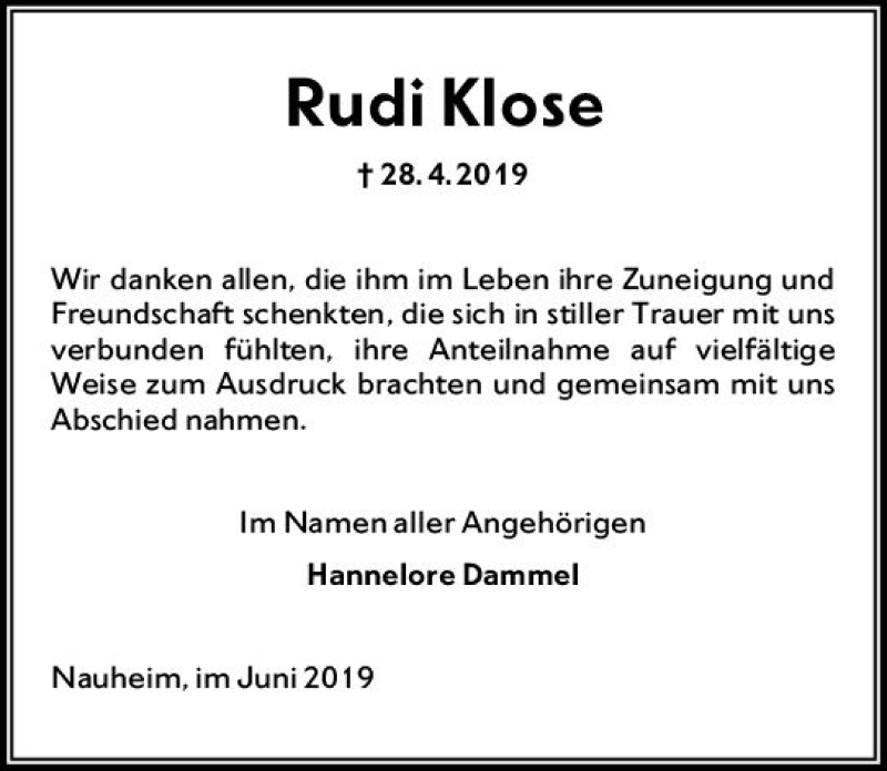  Traueranzeige für Rudi Klose vom 01.06.2019 aus vrm-trauer
