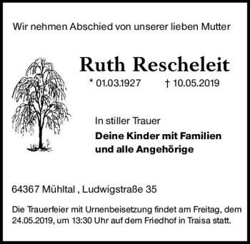 Traueranzeige von Ruth Rescheleit von vrm-trauer