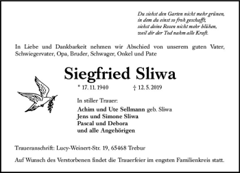 Traueranzeige von Siegfried Sliwa von vrm-trauer