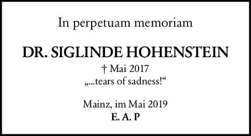  Traueranzeige für Siglinde Hohenstein vom 20.05.2019 aus vrm-trauer