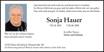 Traueranzeige von Sonja Hauer von vrm-trauer