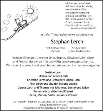 Traueranzeige von Stephan Lerch von vrm-trauer