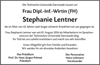 Traueranzeige von Stephanie Lentner von vrm-trauer