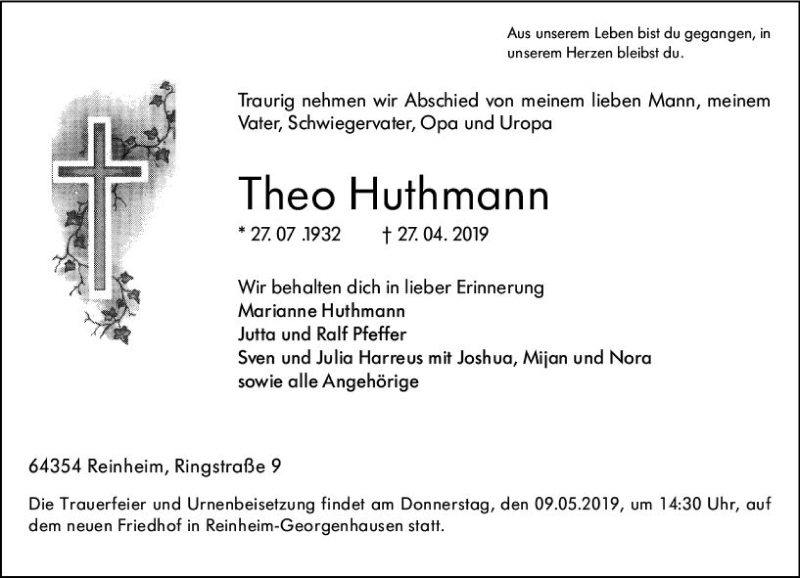  Traueranzeige für Theo Huthmann vom 04.05.2019 aus vrm-trauer