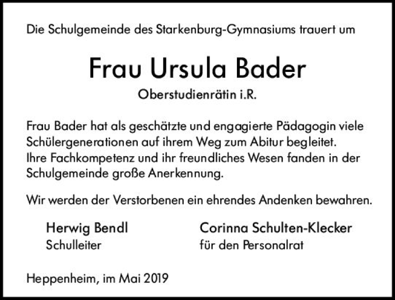  Traueranzeige für Ursula Bader vom 04.05.2019 aus vrm-trauer
