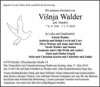Traueranzeige von Visnja Walder von vrm-trauer